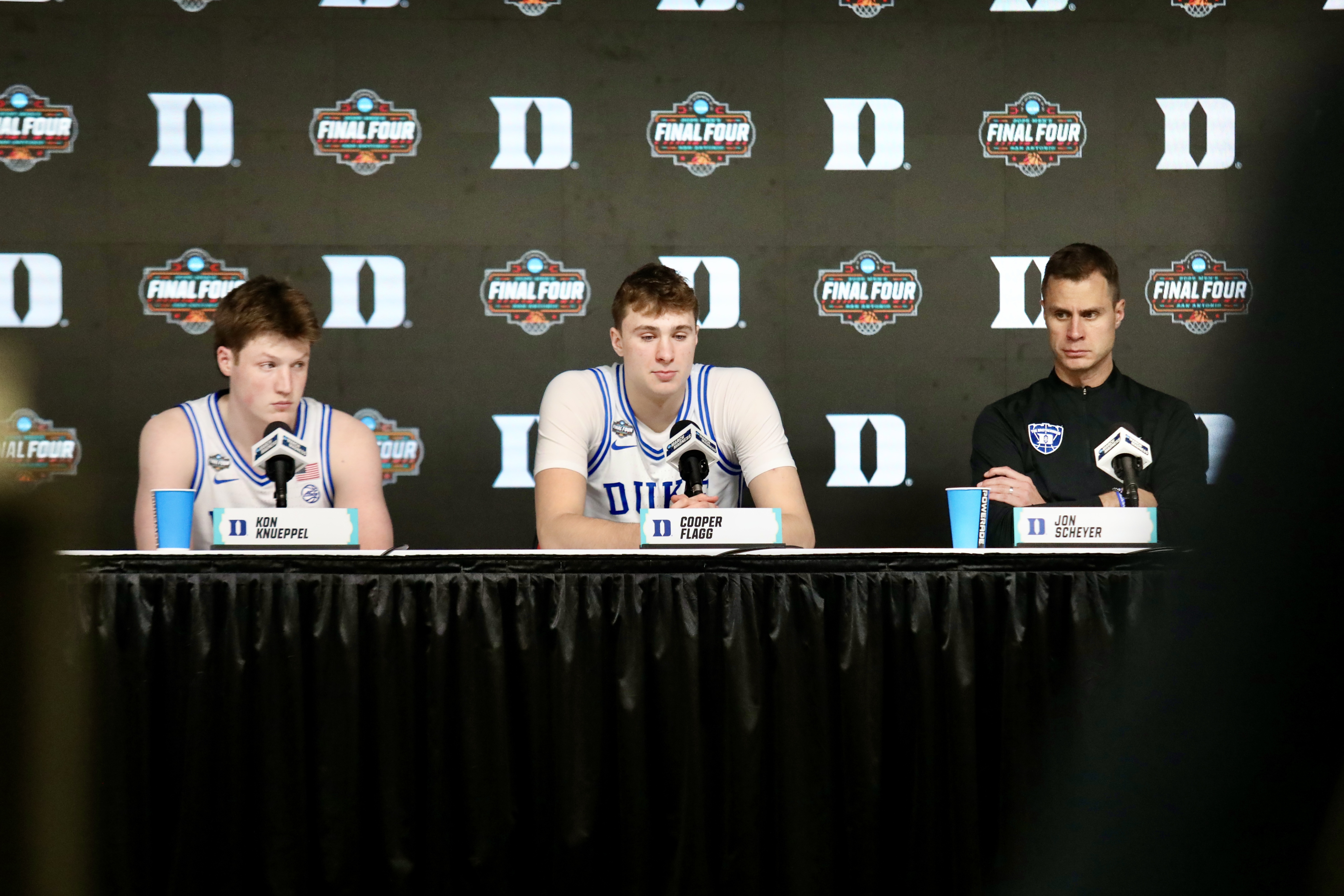 duke basketball players kon kneuppel and cooper flagg and head coach jon scheyer speak to media after final four loss
